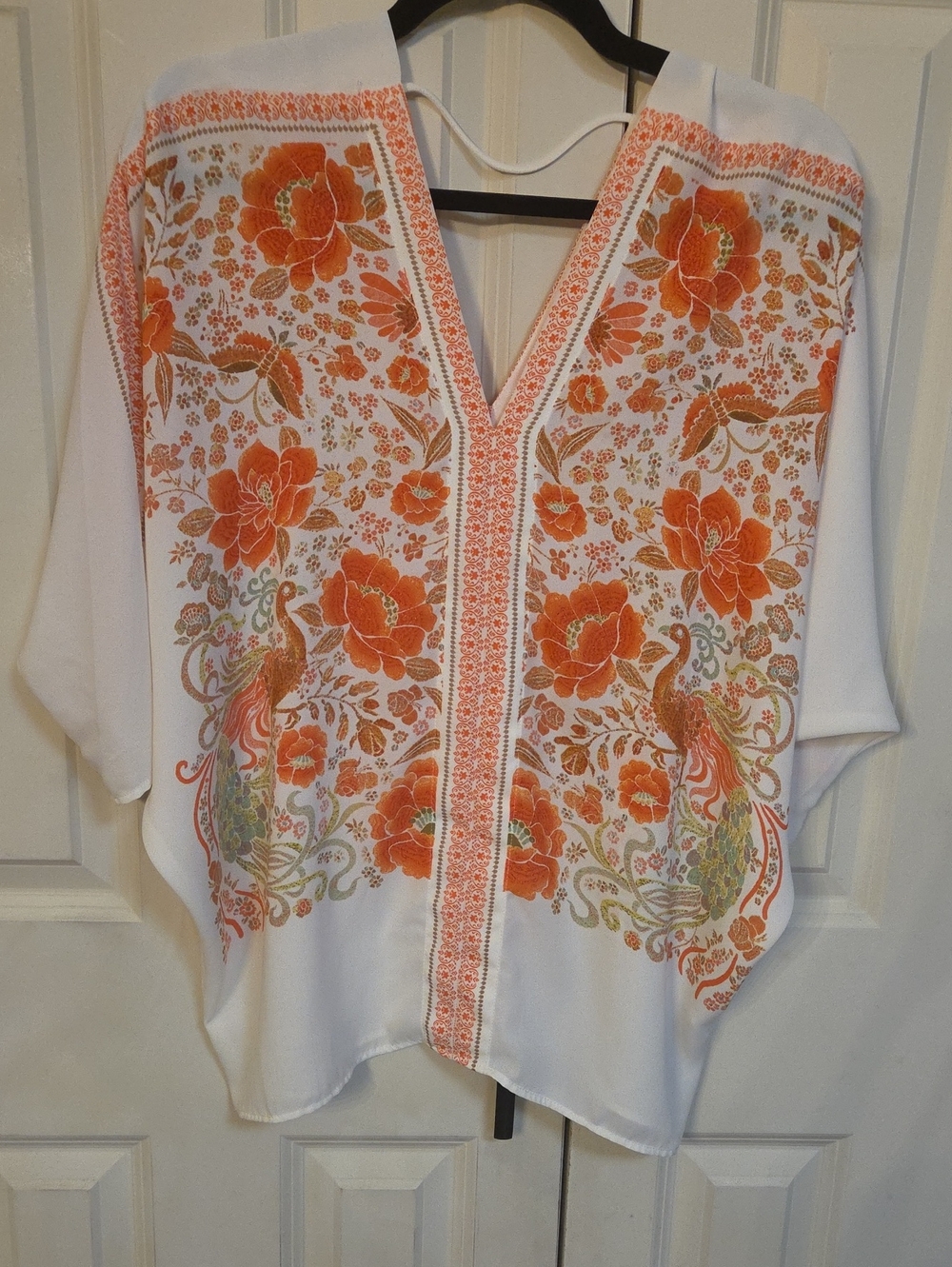 Rose & Olive White Tunic Top with Orange Floral & Peacock Motif